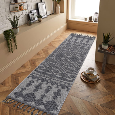 Tapis tissé 2 x 8 et blanc / gris - Style traditionnel pour divers endroits