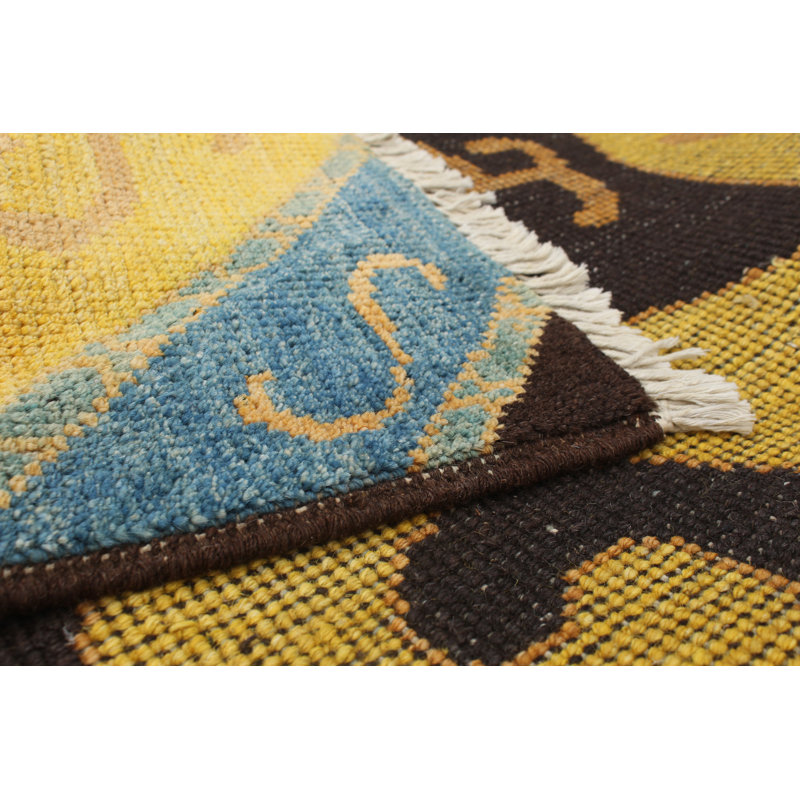Tapis unique en laine noué à la main jaune et brun 9 pi 2 po x 11 pi 10 po style années 2010 Areia