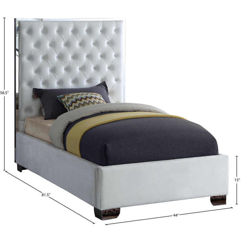 Spadaro Upholstered Platform Bed, White Velvet, Silver, Twin