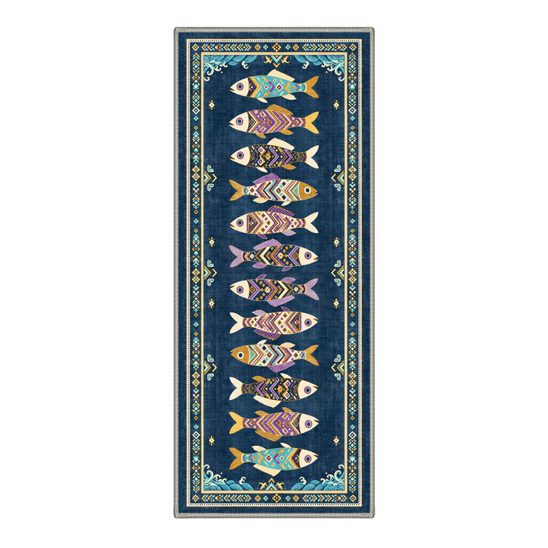 Soleil Geometric Machine Washable Blue Indoor Area Rug with Non-Slip Backing, Runner 2' x 7'