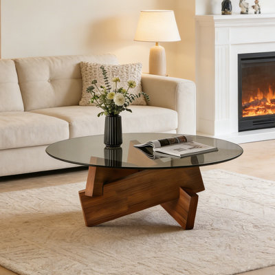 Triangle Abstract Coffee Table with Solid Wood Base—Century Glass Top Table for Living Room (27.5"×27.5"×12.2")