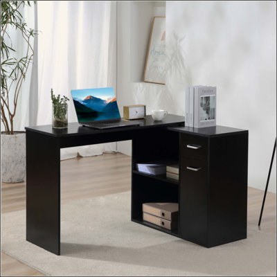 Bureau d'ordinateur en L, bureau d'angle rotatif à 180 ° avec tablettes de rangement, tiroir et armoire, poste de travail d'étude pour bureau à domicile