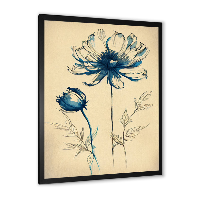 Fleur indigo II - art mural sur toile florale, H 20 po x l 12 po x P 1 po, Impression noire sur toile encadrée