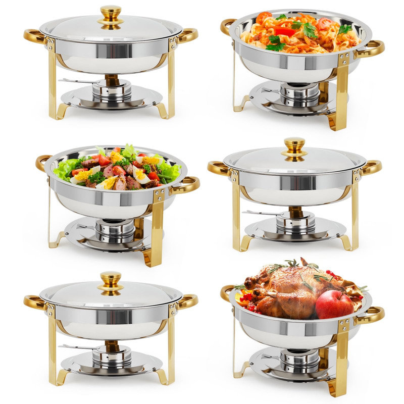 Ensemble de 6 chauffe-plats ronds en acier inoxydable avec couvercle et bac à eau pour les fêtes, les mariages et la restauration, paquet de 6