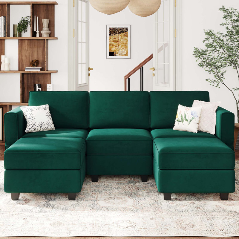 Alyciana U-Shaped Upholstered Sectional Couch Apartment Modular Sofa with Storage Ottoman, Green Velvet