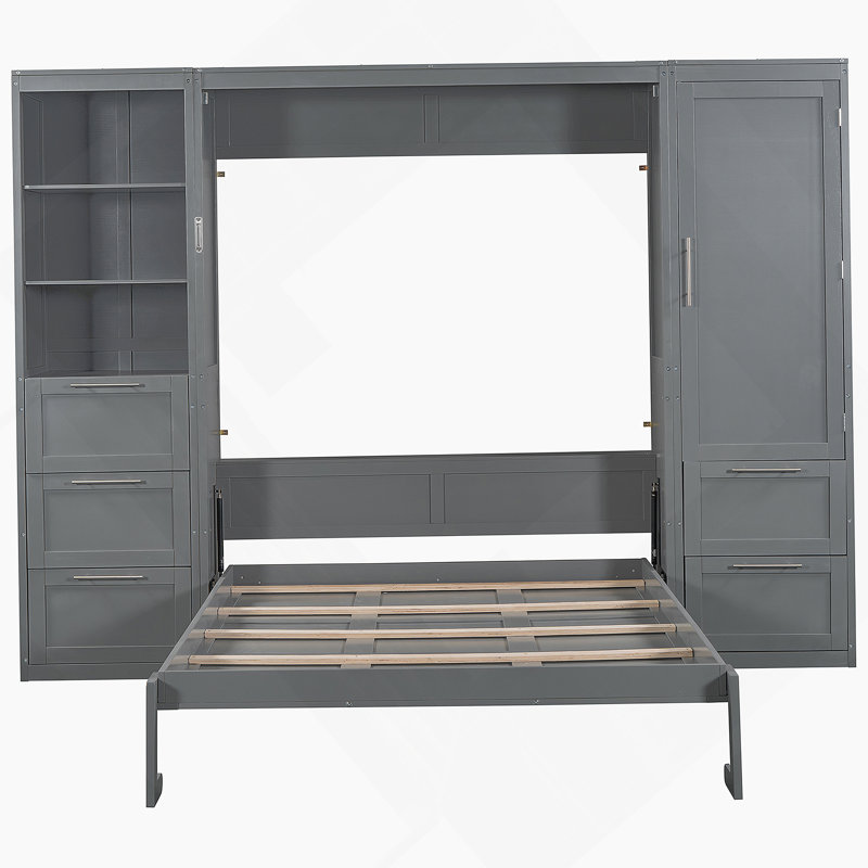 Lit escamotable Murphy avec placard, tiroirs et tablettes, Gris