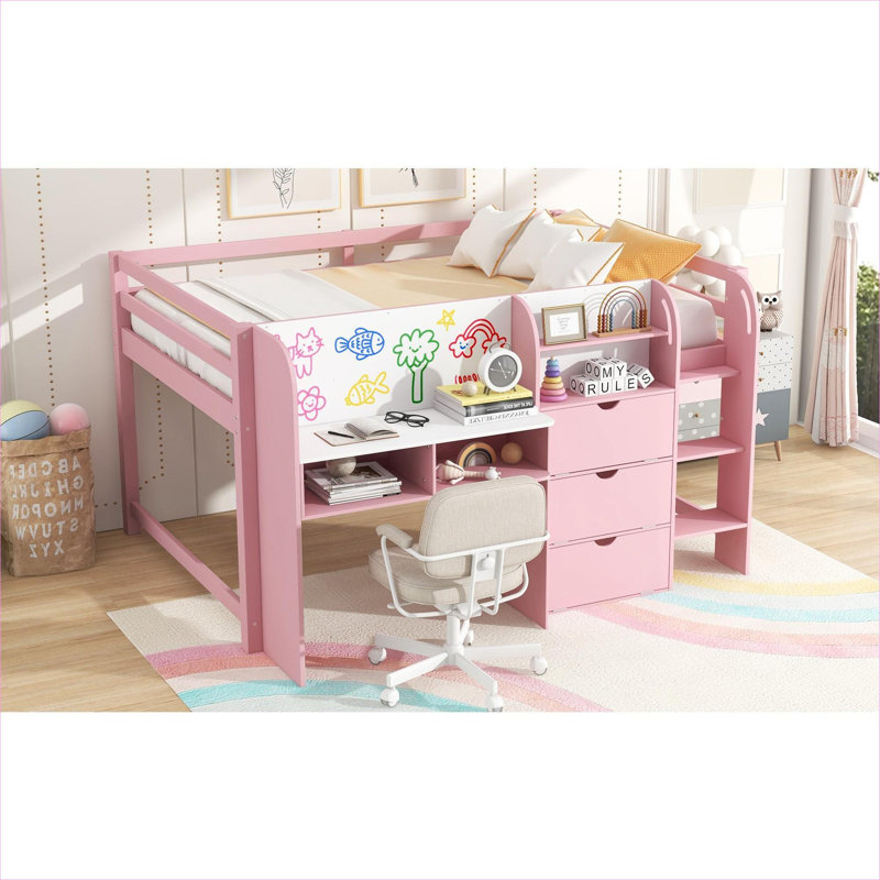Lit plateforme mezzanine en bois de pin rose chaud pour matelas double