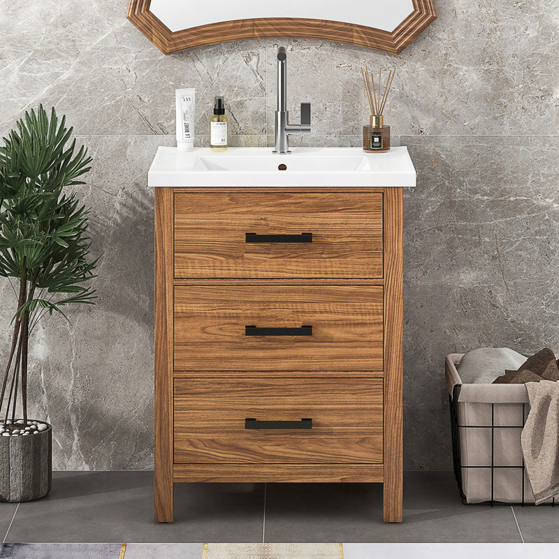 Meuble-lavabo moderne 24 po avec lavabo en céramique et 3 tiroirs pour espaces compacts