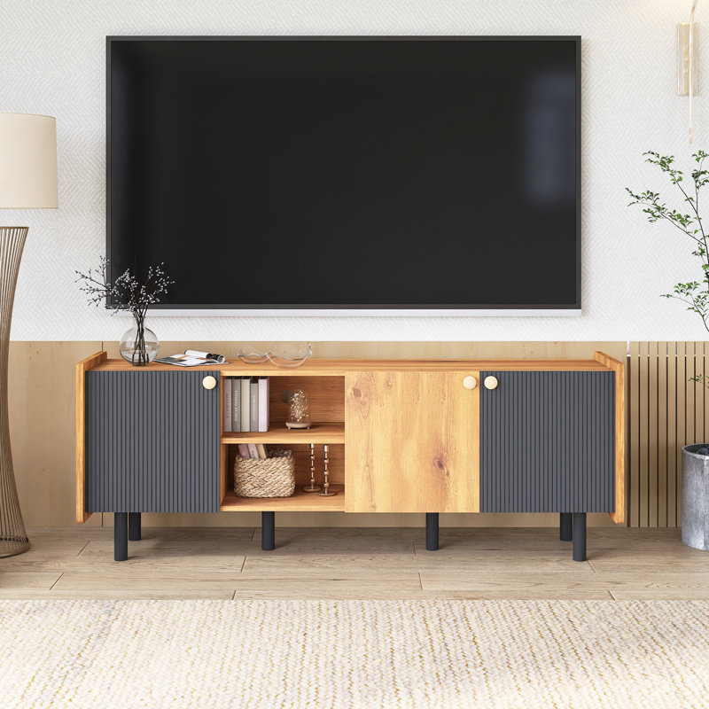 Meuble télé en bois Mid-Century pour téléviseur de 70 po ou moins, Brun