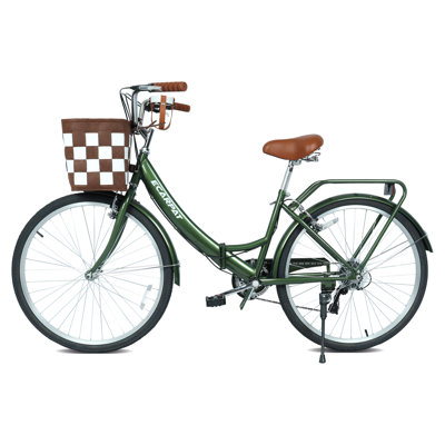 26 Inch Folding City Bike With 7 Speeds & Commuter Accessories, Detachable Basket & Cup Holder, Steel Frame, Alloy Rims, V-brakes For Urban 