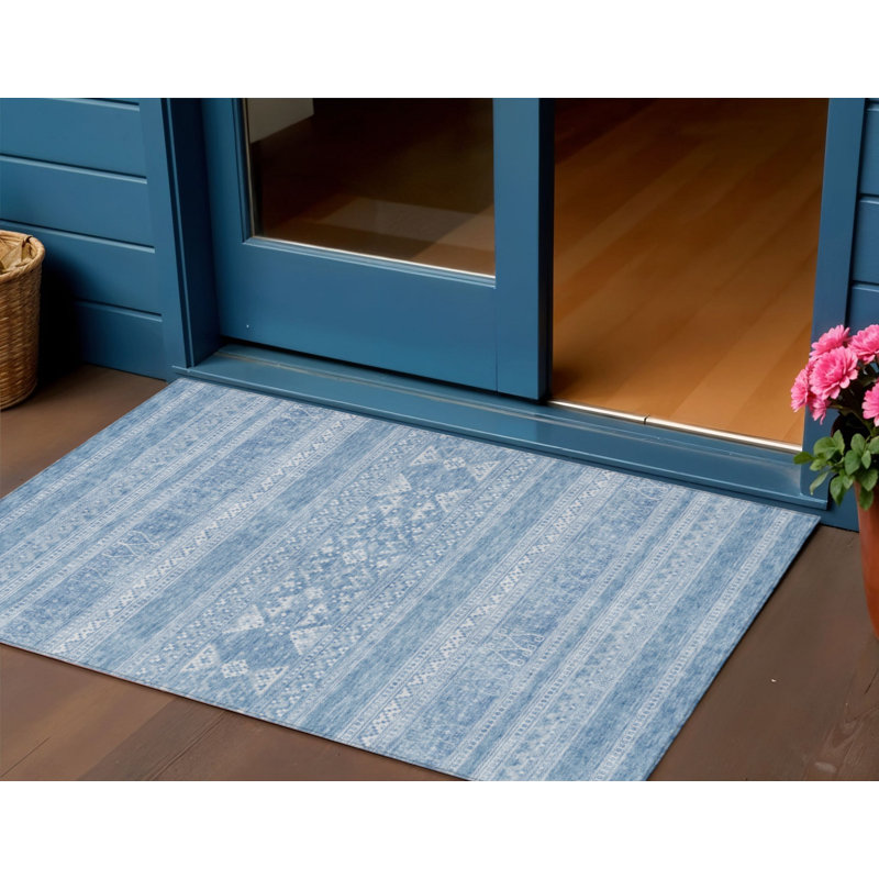 3' X 5' Sky Blue And Ivory Southwestern Washable Indoor Outdoor Area Rug