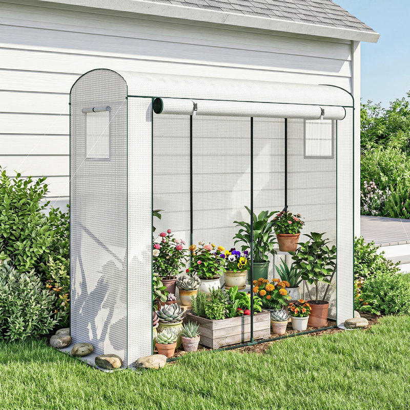Mini Greenhouse, Portable Greenhouse with Roll-Up Door and 2 Mesh Windows, Small Green House with PE Cover for Garden Patio Lawn, 78.7" x 29.5" x 74", White