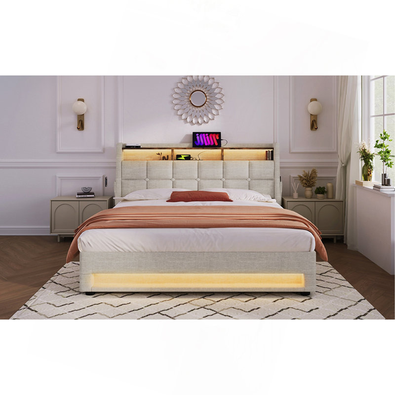 Lit avec rangement, DEL et chargement USB (sans matelas), Beige, Grand lit