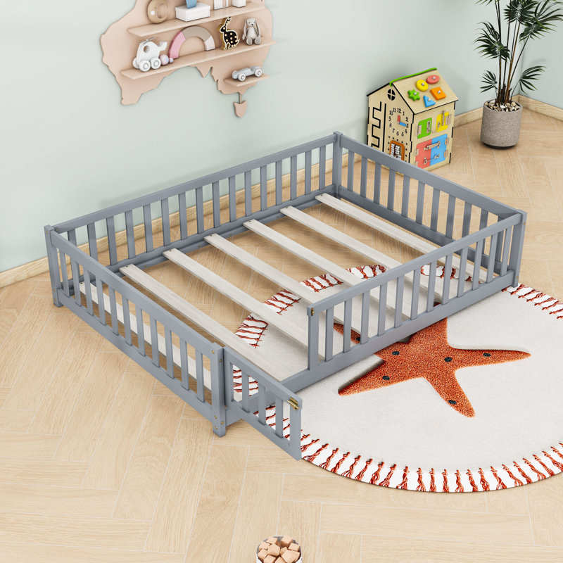 Wood Floor Bed With Fence, Gray, Full