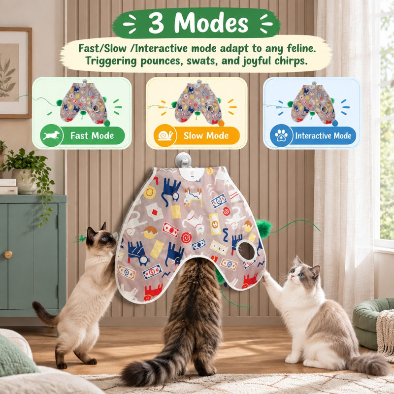 Jouet de chat mural à activation par mouvement avec plumes cachées mobiles et son couineur de souris réaliste