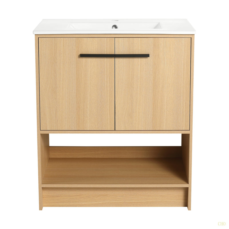 Meuble-lavabo 30 po avec lavabo en céramique, 2 portes à fermeture douce, meuble-lavabo autoportant, contreplaqué, Chêne
