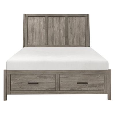 Grand lit plateforme rustique avec tiroirs de rangement au pied de lit et meubles de chambre en bois au fini gris vieilli