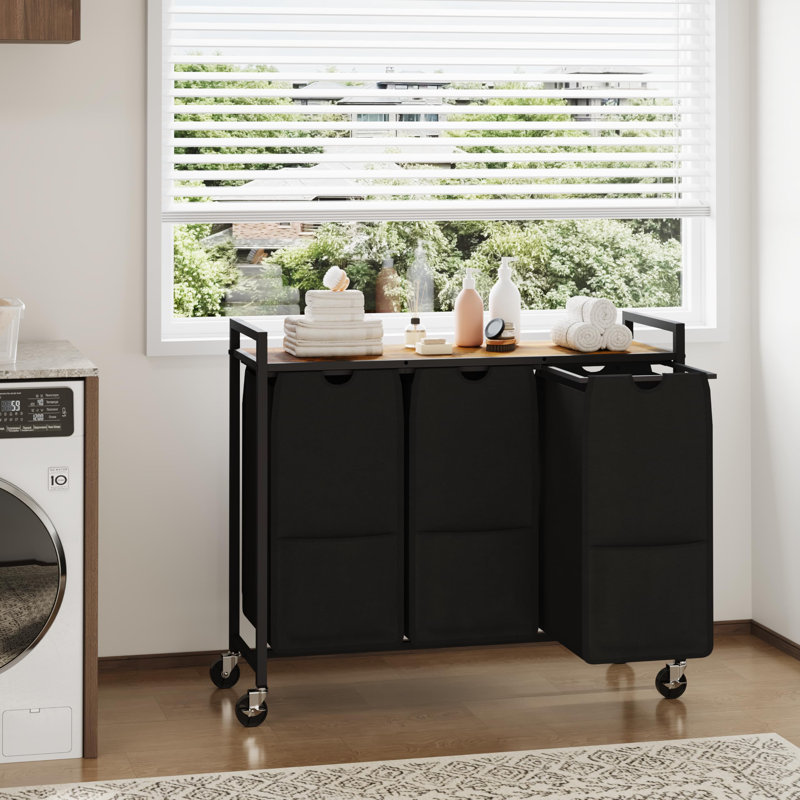 Panier à linge sur roulettes 3 sections avec roulettes, trieur de linge 34,5 gallons avec sacs amovibles, brun et noir