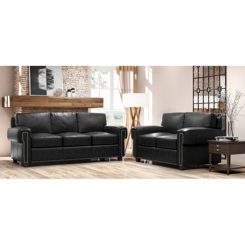 Ensemble de salon en cuir 2 pièces Fardin, Cuir véritable noir