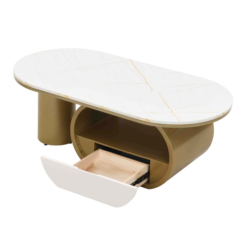 Table basse ovale de luxe, table basse avec tiroir de rangement, table centrale en métal pour le salon