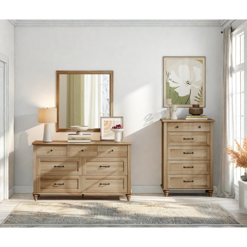 2 Piece Dresser Set - -Include One 5 Drawer Dresser & One 7 Drawer Dresser, Oak