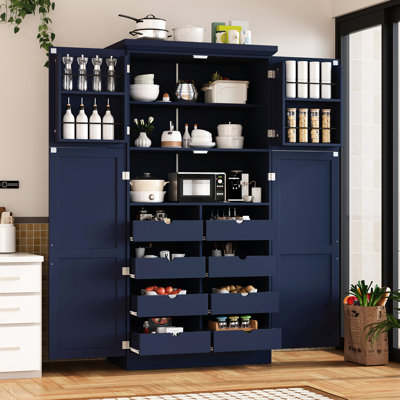 Blue Freestanding Kitchen Pantry Cabinet With 4 Long Handles, 8 Pull - Out Trays, And 2 Tipping Kits 17.6 Inch Deep Storage Doors, Slide 3 Level Adjustable Shelf, Blue, For Bulk Groceries Appliances