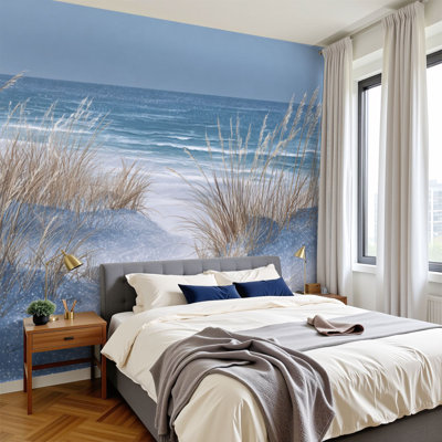 Papier peint adhésif de style bord de mer Tranquil Sandy Dunes, vue sur l'océan, H 100 po x l 144 po, papier peint amovible, paysage marin, auto-adhésif, pour chambre à coucher, salon, bureau à domicile