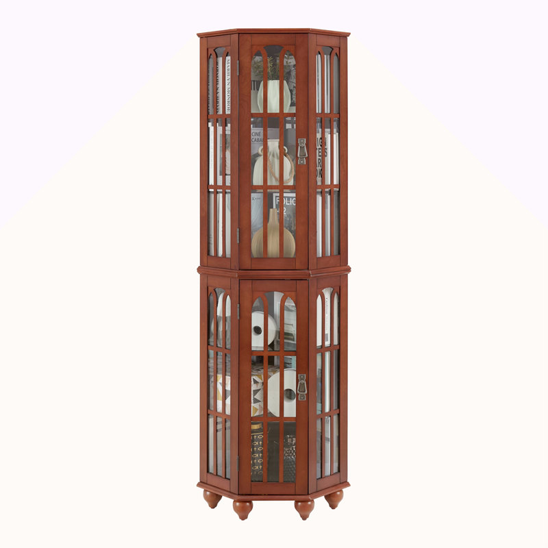 Vitrine de coin avec 4 tablettes réglables en verre trempé et système d'éclairage, pieds en bois massif, panneau arrière en miroir en acrylique (ampoule E26 non incluse)