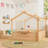 Akin House-Shaped Wooden Floor Bed with Guardrails & Built-in Tray-122581934-122581937