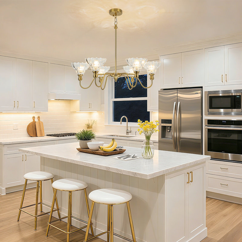 Vintage Chandelier 6-Light Pendant Lights Kitchen Island Lighting Flower Glass Shade (Bulbs Not Included), Brass