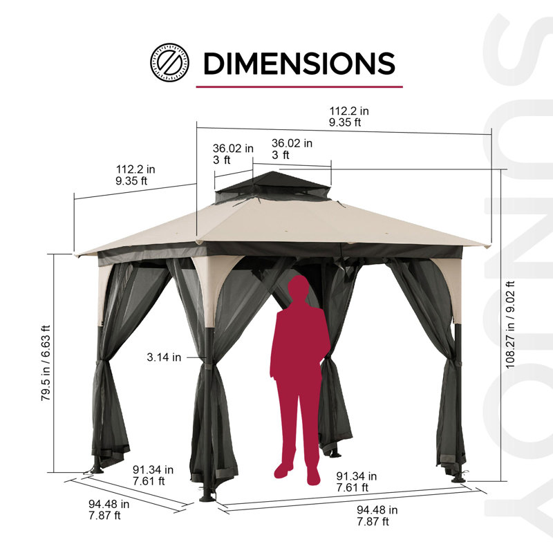 Sunjoy 9 ft. x 9 ft. Gazebo with 2-Tier Canopy Roof, Steel Frame Soft top Gazebo with Ceiling Hook and Mosquito Netting