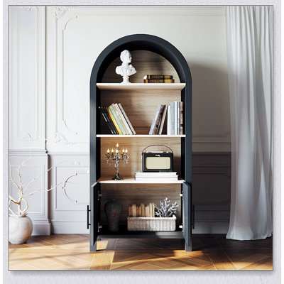 Bibliothèque cintrée de 170 cm de hauteur avec rangement, meuble à trois niveaux de style moderne du milieu du siècle avec porte pour une présentation élégante