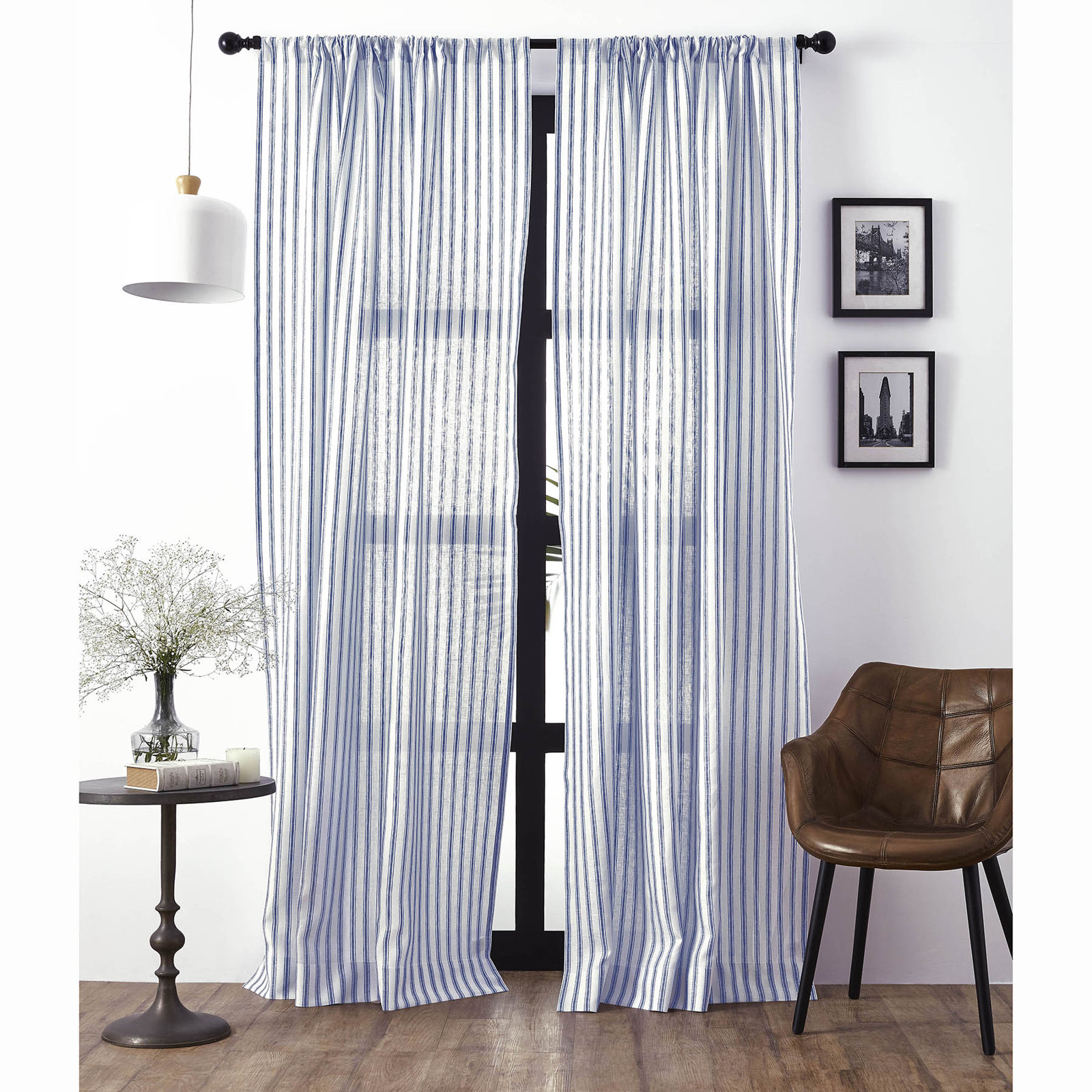 Capri Ticking Stripe Linen Sheer Curtain, 52" W x 108" L, Navy and White
