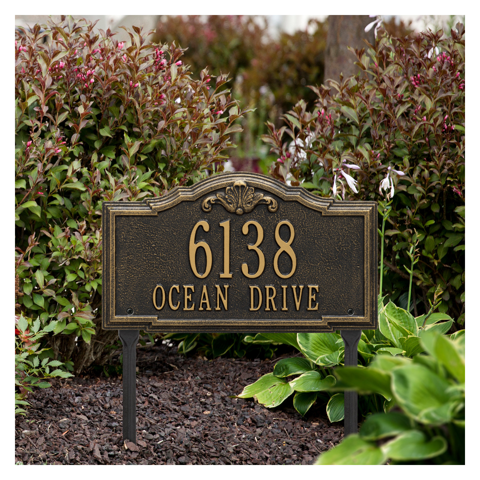 Gatewood Personalized Standard 2-Line Lawn Address Sign, Black/Gold, Yes
