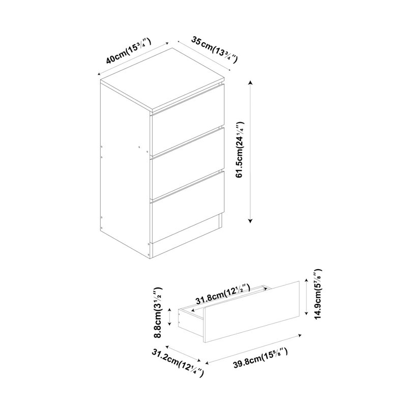 Gloss 3 Drawer Skagen High Wooden Bedroom Chest Cabinet No Handle Drawer Storage, Grey
