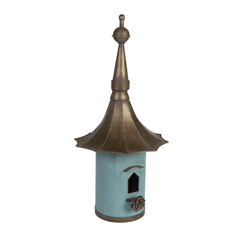 Aqua and Black Iron Freestanding Birdhouse with Flower Perch