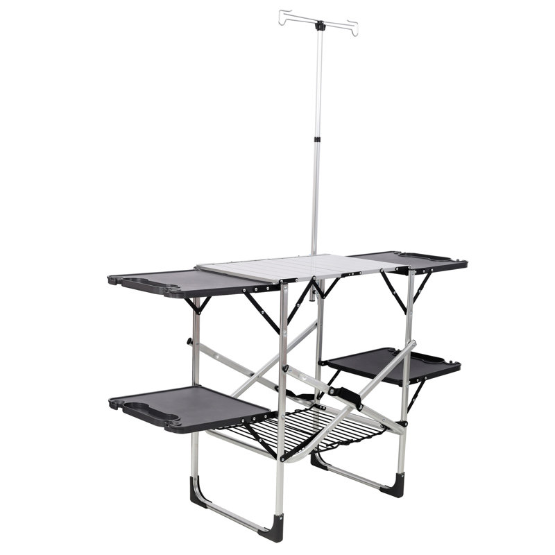 Folding Camping Kitchen Table - Portable Outdoor Cooking Station with Heat Resistant Top, 4 Side Tables, Storage Rack & Lamp Post for Picnics & Camping Trips