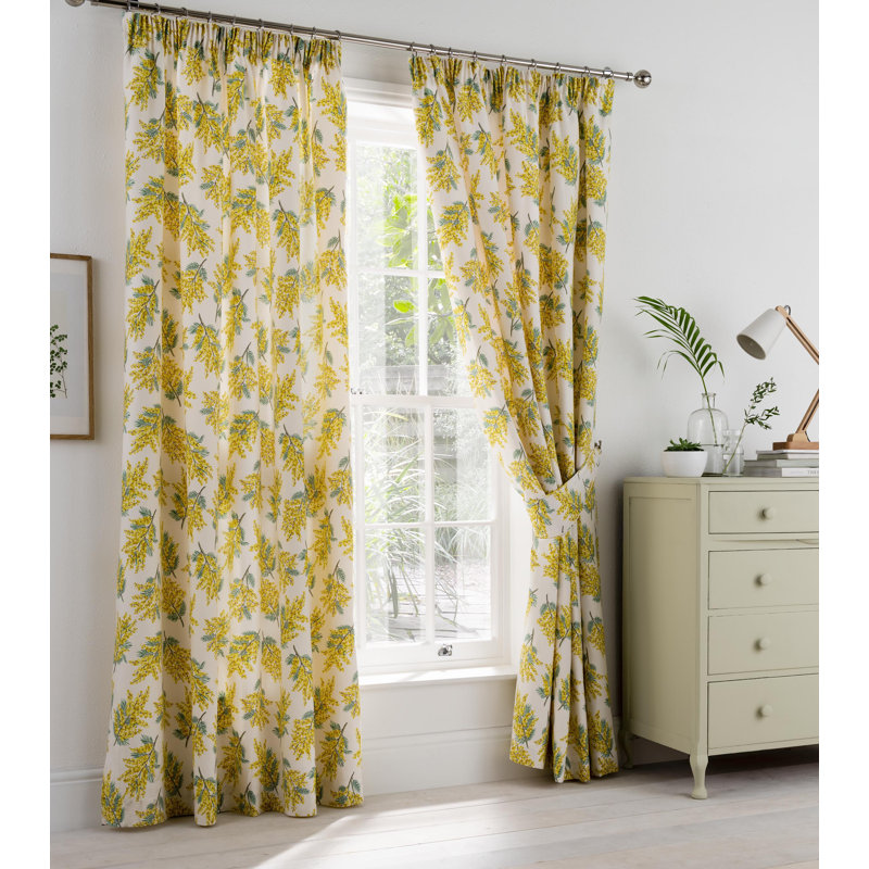 Mimosa Flower Pencil Pleat Room Darkening Curtains, 229 W x 183 D cm