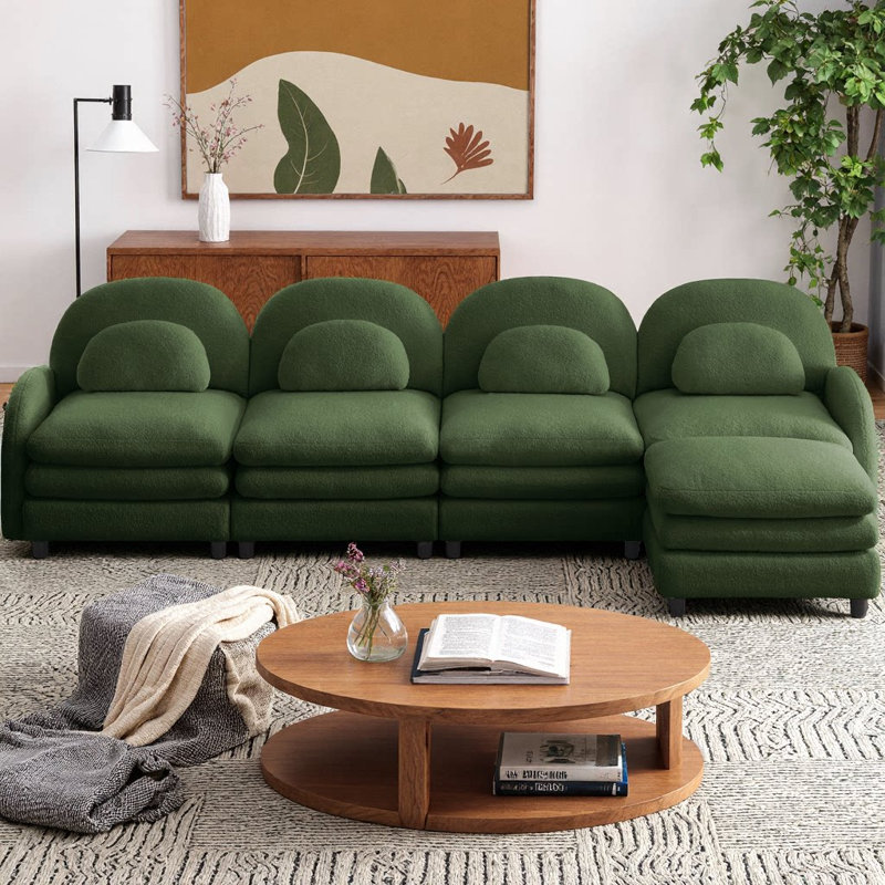 Teddy Fabric L-Shaped Cloud-like 4-Seater Modular Sectional Sofa, Curved Backrest & Armrests, Movable Ottoman, Double-Layer Cushion with Lumbar Pillows for Supportive Comfort