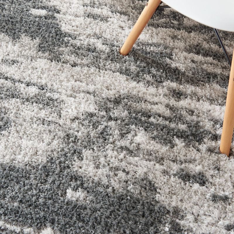 Ivory and Charcoal Abstract Shag Rug 8' x 10'