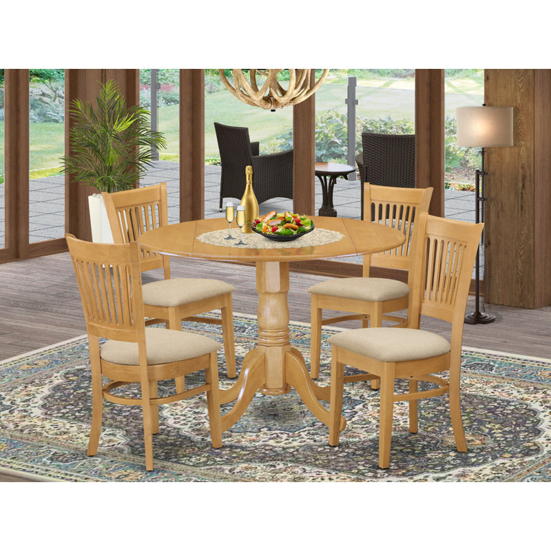 5 Piece Kitchen Table & Chairs Set Includes a Round Dining Room Table with Dropleaf and 4 Linen Fabric Chairs, Oak, Oak