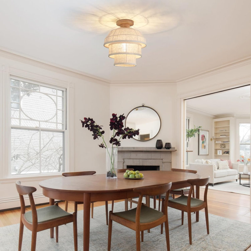 Plafonnier semi-encastré de 12 po Aiesrom, luminaire de style maison de campagne avec abat-jour en tissu, luminaire tambour en lin à 3 niveaux, lustre rustique Boho pour le salon, l'entrée et la cuisine