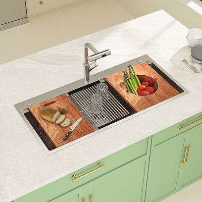 Drop-In Stainless Steel Workstation Kitchen Sink With Mixing Bowl, Cutting Board And Colander, Single Bowl Kitchen Sink With Sink Grid, Strainer And Roll-Up Rack