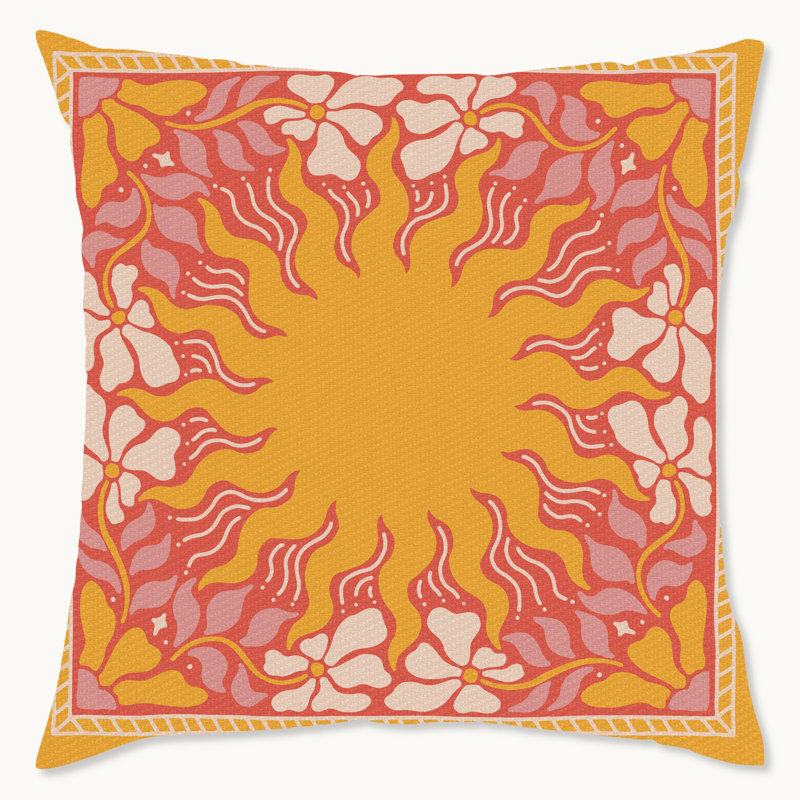 Coussin décoratif d'extérieur Wynwood Studio Retro Sun, 18 po x 18 po, rayons de soleil et fleurs
