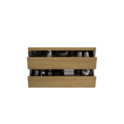 Armoire murale moderne sans vasque en chêne naturel avec deux tiroirs, style contemporain et fonctionnel