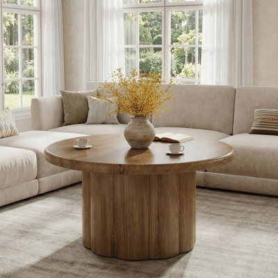31.5" Round Coffee Table with Fluted Drum Base, Farmhouse Living Room Table for Apartments & Small Spaces