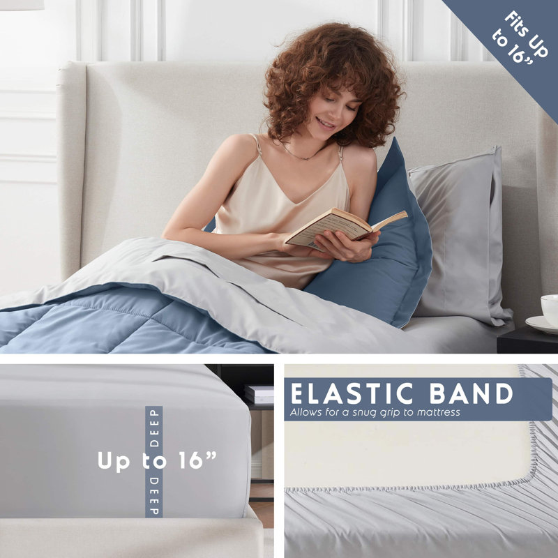 Bed-in-A-Bag Reversible Comforter Set with Bed Sheets, Stone Blue, Twin Comforter + 5 Additional Pieces