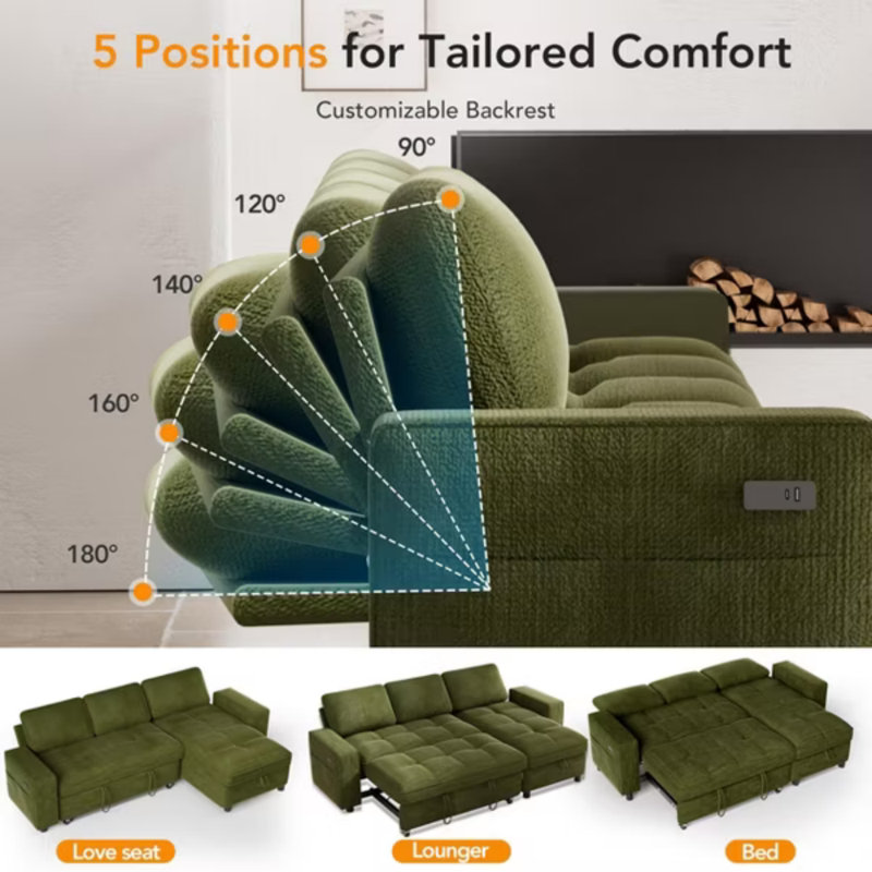Canapé d'angle convertible 3 en 1 en forme de L de 206 cm (81 po), dossier réglable sur 5 niveaux, ports de chargement USB et Type-C, méridienne de rangement réversible, assemblage sans outil