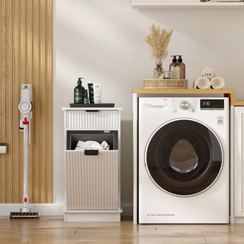 Tilt-Out Laundry Hamper Cabinet With Drawer,Laundry Storage Basket For Bathroom, White