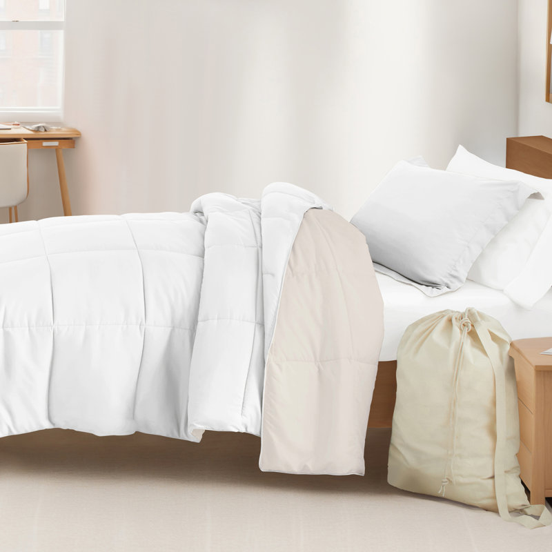 8-PC College Dorm Twin XL Bedding Bundle - Comforter Set, Sheet Set, Pillows and Laundry Bag, White / Ivory